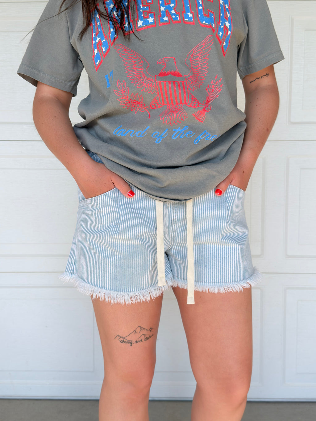 Stripe Drawstring Denim Shorts