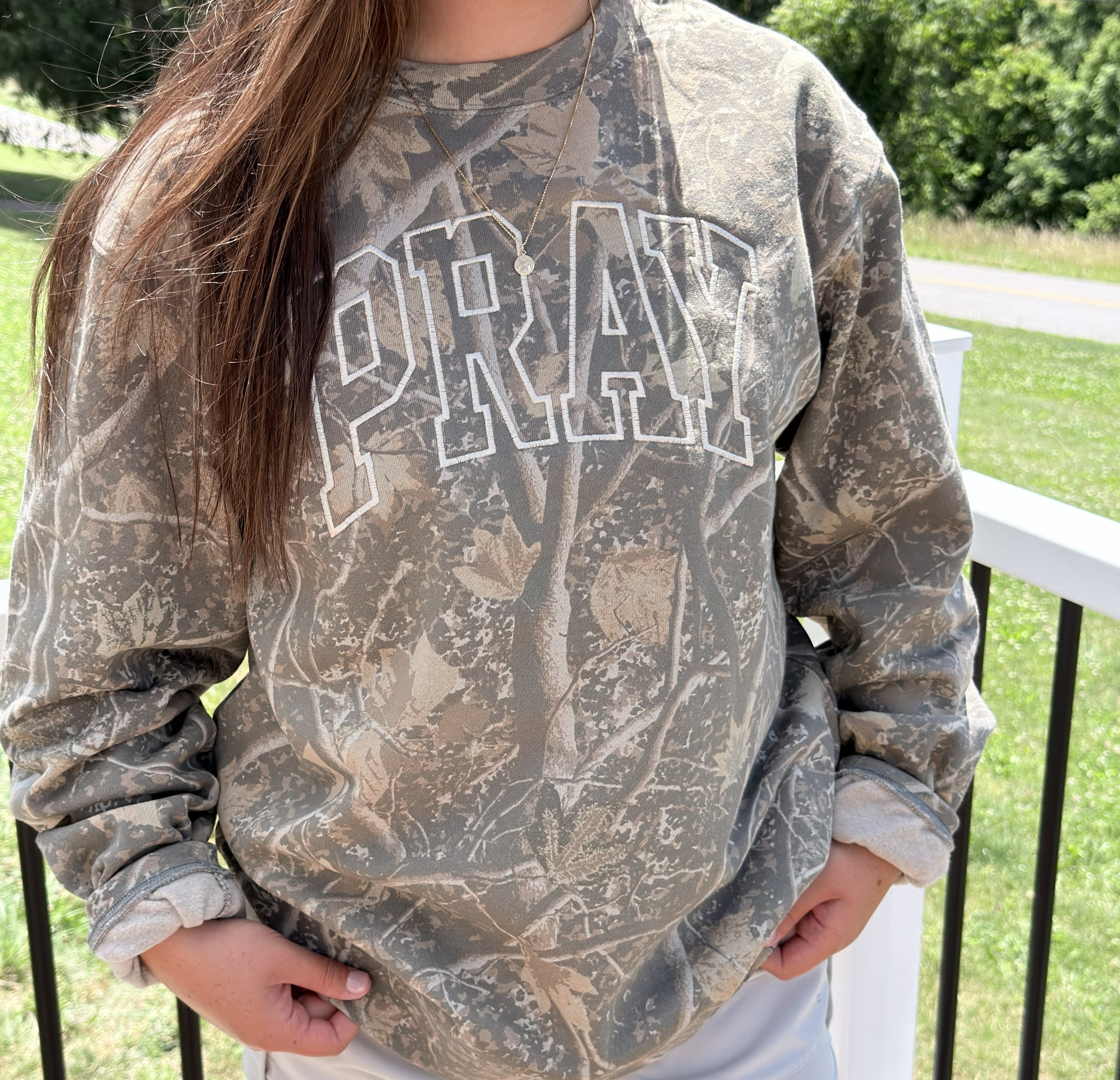 PRAY Embroidered Camo Crewneck